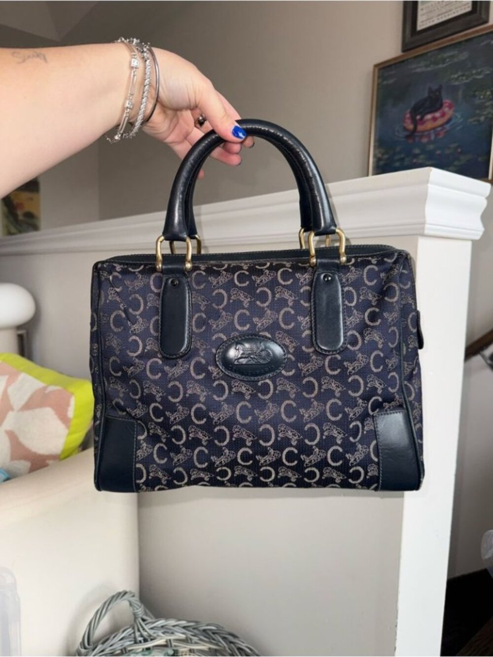 Celine Navy Vintage Monogram Canvas Boston Bag Satchel with Leather Trim